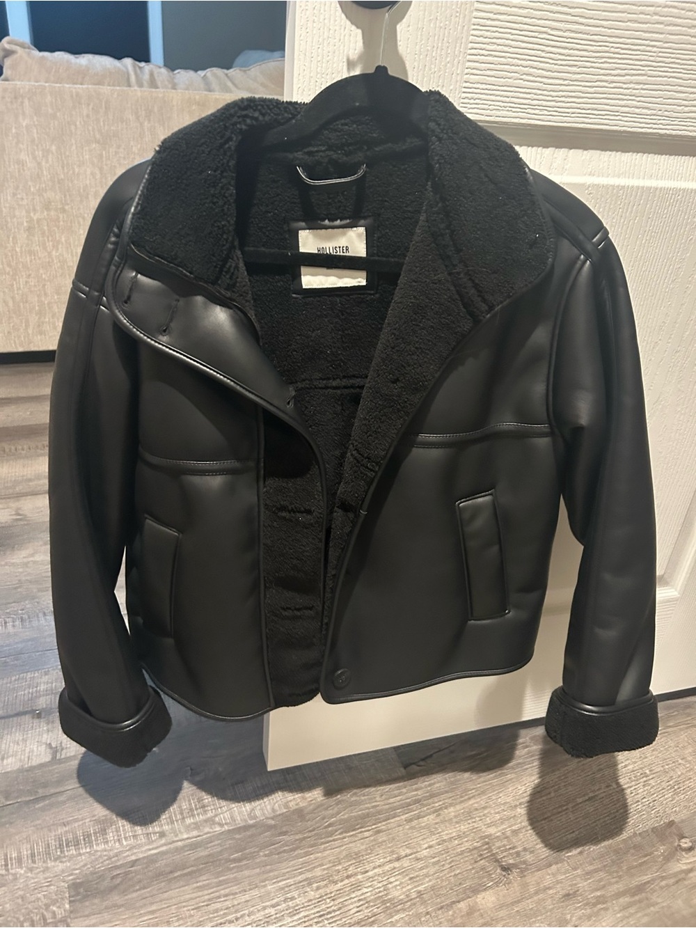 Hollister Black Faux Leather Bomber Jacket with Sherpa Lining